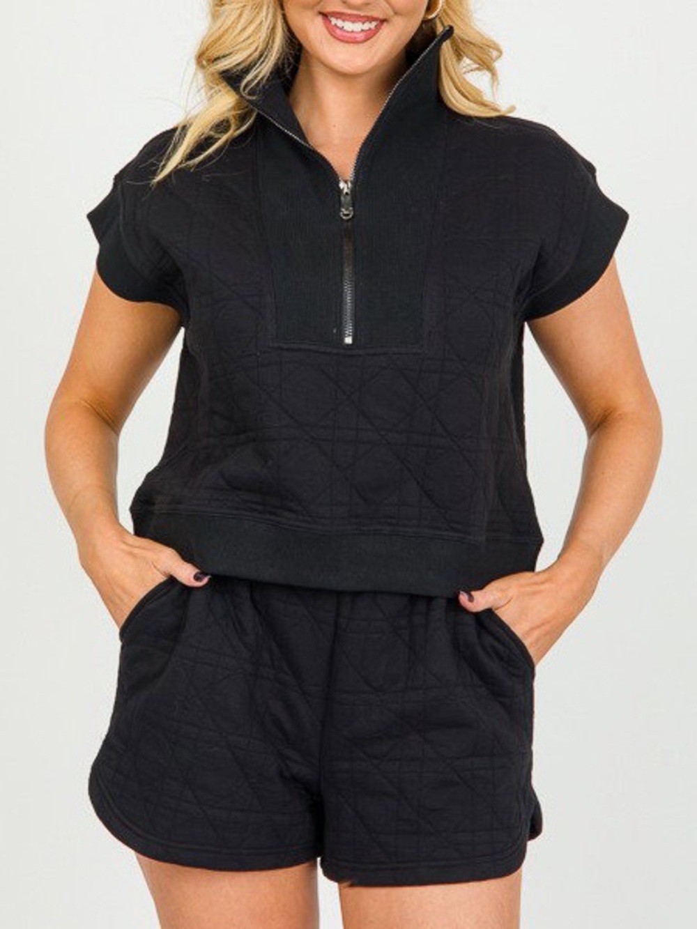 Entro Black Quilted Half Zip Pullover Top Shorts Matching Set Fall Boutique L 53